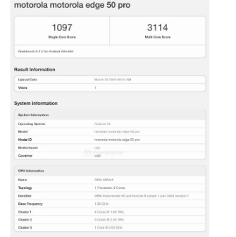 摩托罗拉 Edge 50 Pro出现在 Geekbench 在线数据库中